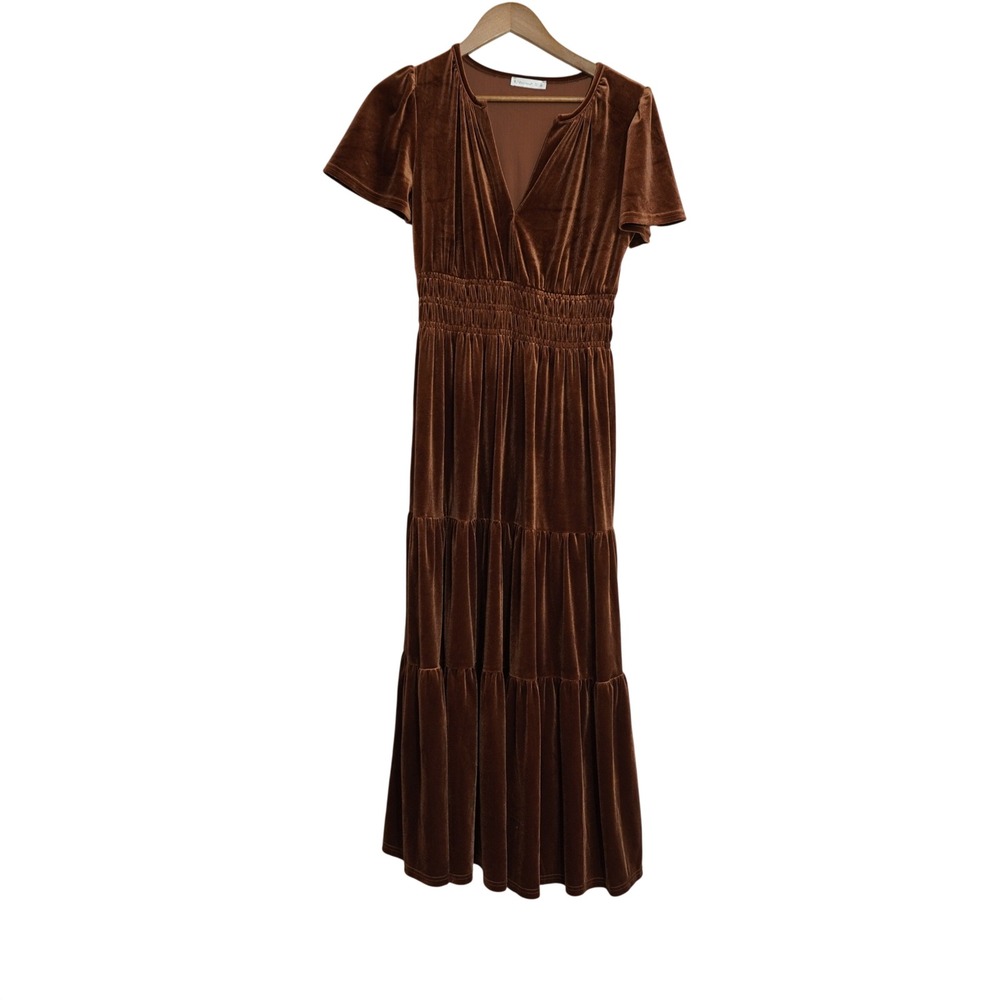 Brown Velvet Midi Dress with Smocked Waist